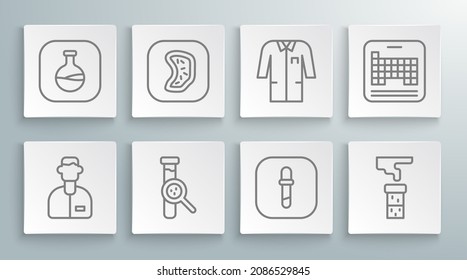 Set line Laboratory assistant, Bacteria, Test tube and flask, Pipette, uniform, Periodic table and  icon. Vector