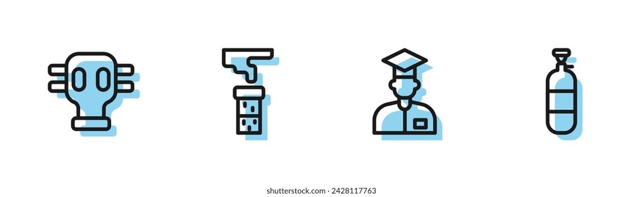 Set line Laboratory assistant, Gas mask, Test tube and flask and Propane gas tank icon. Vector
