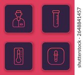 Set line Laboratory assistant, Medical thermometer, Test tube and flask and Pipette. Blue square button. Vector