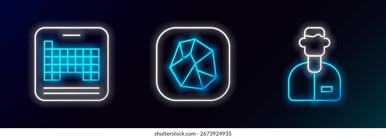Set line Laboratory assistant, Periodic table and Salt stone icon. Glowing neon. Vector