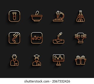 Set Line Laboratory Assistant, Test Tube And Flask, Chemical Formula, Medical Rubber Gloves, Broken, Gas Mask And Petri Dish With Pipette Icon. Vector