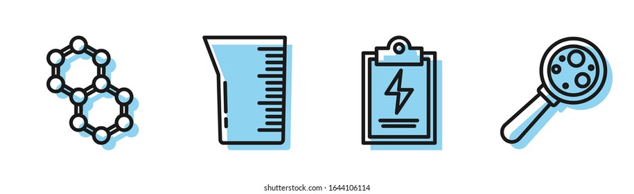 Set line Laboratory clipboard with checklist, Molecule, Laboratory glassware or beaker and Microorganisms under magnifier icon. Vector