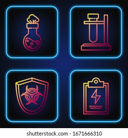 Set line Laboratory clipboard with checklist, Biohazard symbol on shield, Test tube and flask chemical and Test tube flask on stand. Gradient color icons. Vector