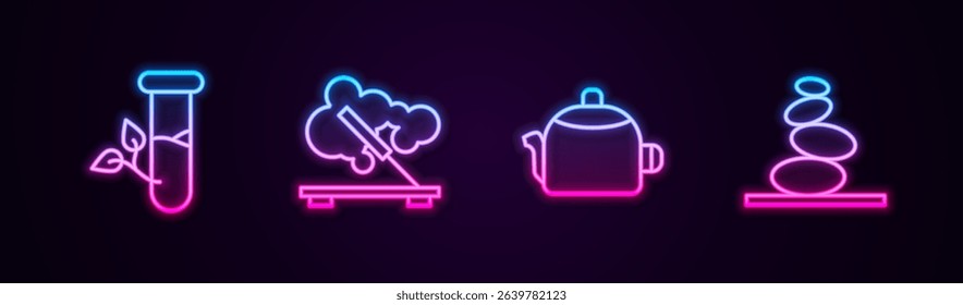 Set line Laboratory glass and leaves, Scented spa stick, Kettle with handle and Stack hot stones. Glowing neon icon. Vector