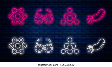 Set line Laboratory glasses, Bacteria, Chemical formula and Bacteria. Glowing neon icon on brick wall. Vector