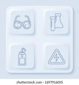 Fijar lentes de laboratorio, probeta y quimera, frasco de lavado de laboratorio y señal de alta tensión. Botón cuadrado blanco. Vector