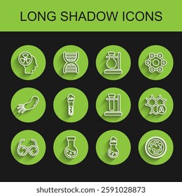 Set line Laboratory glasses, Test tube and flask chemical, Human head radiation, Bacteria, Chemical formula and stand icon. Vector