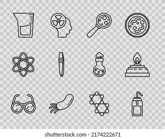 Set line Laboratory glasses, wash bottle, Microorganisms under magnifier, Bacteria, glassware beaker, Tweezers, Molecule and Alcohol spirit burner icon. Vector