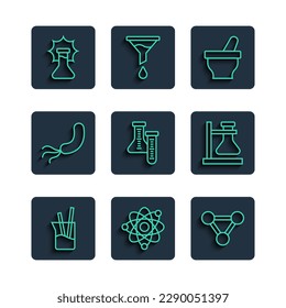 Set line Laboratory glassware, Atom, Molecule, Mortar and pestle, Test tube, Bacteria, Explosion in the flask and stand icon. Vector