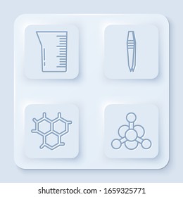 Set-line Glaswaren oder Becher, Pinzette, Chemische Formel und Bakterien. Weißer Quadrat-Knopf. Vektorillustration