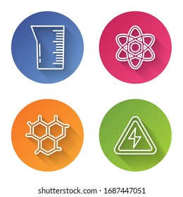 Set line Laboratory glassware or beaker, Atom, Chemical formula and High voltage sign. Color circle button. Vector