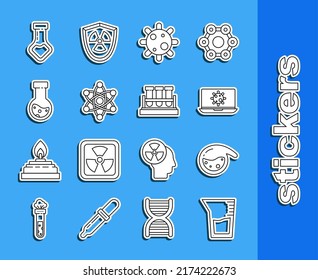 Ponga en línea los vidrios de laboratorio o el vaso de precipitado, el tubo de ensayo y la sustancia de frasco, las bacterias en el portátil, el átomo y el icono. Vector