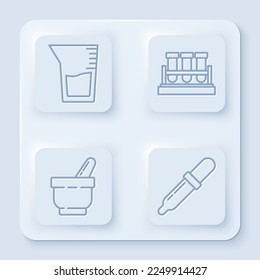Set line Laboratory glassware or beaker, Test tube and flask chemical, Mortar and pestle and Pipette. White square button. Vector