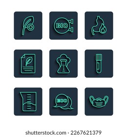 Set line Laboratory glassware or beaker, Medical protective mask, Stomach heartburn, Chemical explosion, Eco paper with leaf, Leaf leaves and Test tube and flask icon. Vector