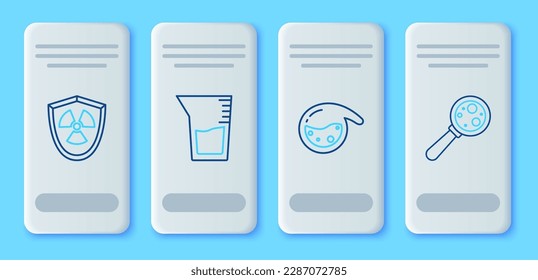 Set line Laboratory glassware or beaker, Test tube and flask chemical, Radioactive in shield and Microorganisms under magnifier icon. Vector