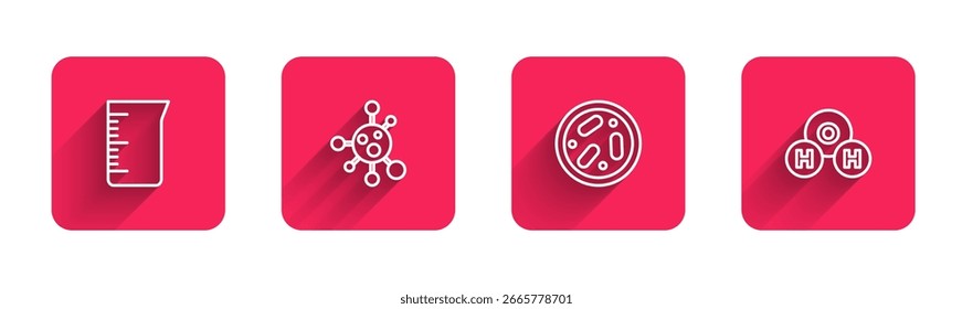 Set line Cristalería de laboratorio o vaso de precipitados, Molécula, placa Petri con bacterias y fórmula química para H2O con sombra larga. Botón cuadrado rojo. Vector