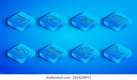 Set line Laboratory glassware, Explosion in the flask, Alcohol spirit burner, DNA symbol, Molecule, Test tube, Magnet and Funnel filter icon. Vector