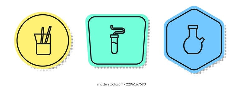 Ponga en línea los vidrios de laboratorio, el tubo de ensayo y el Formas coloreadas. Vector