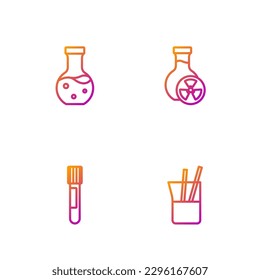 Ponga en línea el vidrio de laboratorio, el tubo de ensayo y el líquido tóxico. Iconos de color de degradado. Vector