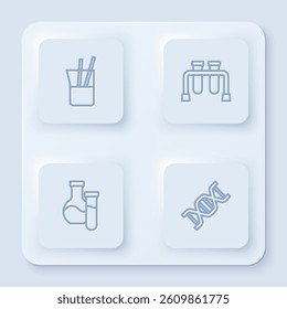 Set line Laboratory glassware, Test tube,  and DNA symbol. White square button. Vector
