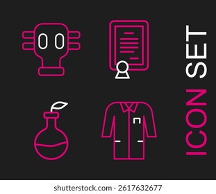 Set line Laboratory uniform, Plant breeding, Certificate template and Gas mask icon. Vector