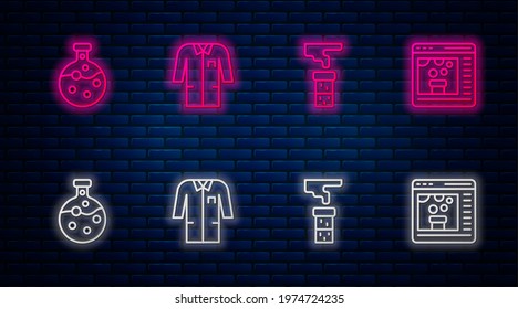 Set line Laboratory uniform, Test tube and flask,  and Chemical online. Glowing neon icon on brick wall. Vector