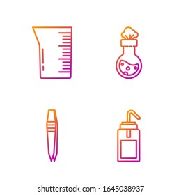 Set line Laboratory wash bottle, Tweezers, Laboratory glassware or beaker and Test tube and flask chemical. Gradient color icons. Vector