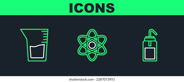 Set line Laboratory wash bottle, glassware beaker and Atom icon. Vector