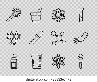 Fijar la línea Botella de lavado de laboratorio, Tubo de ensayo y quimera de frasco, Átomo, vaso de vidrio, Microorganismos bajo lupa, Pipeta e ícono de bacterias. Vector