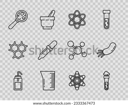 Set line Laboratory wash bottle, Test tube and flask chemical, Atom, glassware beaker, Microorganisms under magnifier, Pipette,  and Bacteria icon. Vector