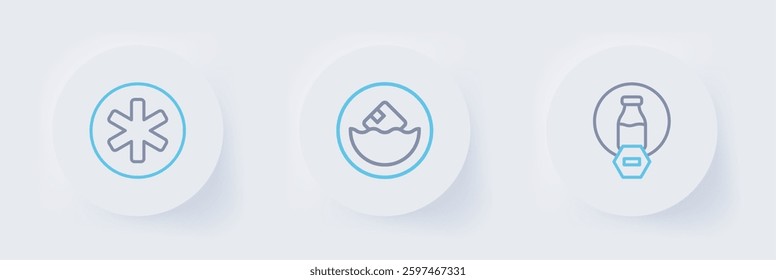 Set line Lactose free, Carton cardboard box and Medical symbol of the Emergency icon. Vector