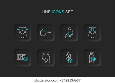Set line Lactose intolerance, Gluten free grain, Obesity, No GMO, Metabolism, Human stomach health, Sports nutrition proteine and Women waist icon. Vector