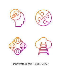 Set line Ladder leading to cloud, Project team base, Human head with lamp bulb and Piece of puzzle. Gradient color icons. Vector