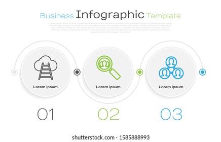 Set line Ladder leading to cloud, Magnifying glass for search a people and Project team base. Business infographic template. Vector