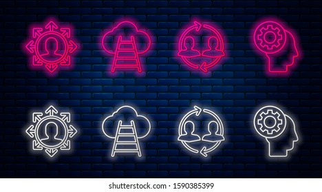 Set line Ladder leading to cloud, Human resources, Project team base and Human head with gear inside. Glowing neon icon on brick wall. Vector