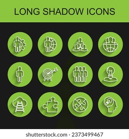 Set line Ladder leading to cloud, Piece of puzzle, Human with gear inside, head lamp bulb, Target arrow,  and Users group icon. Vector