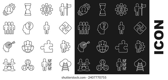 Set line Ladder leading to cloud, Human with gear inside, Piece of puzzle, Gear dollar symbol, head question mark, Users group,  and business suit icon. Vector