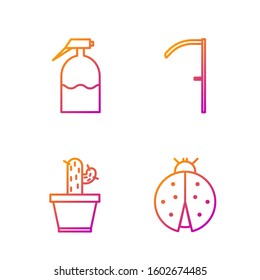 Set line Ladybug, Cactus and succulent in pot, Garden sprayer and Scythe. Gradient color icons. Vector