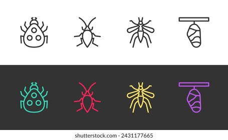 Set line Ladybug, Cockroach, Mosquito and Butterfly cocoon on black and white. Vector