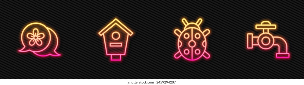 Set line Ladybug, Flower, Bird house and Water tap. Glowing neon icon. Vector