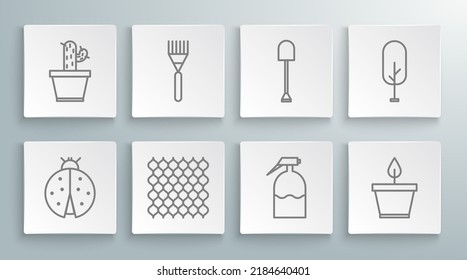 Set line Ladybug, Garden rake, fence wooden, sprayer, Plant in pot, Shovel, Tree and Cactus and succulent icon. Vector