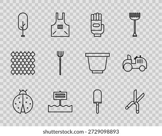 Set line Ladybug, Gardening handmade scissors, gloves, Blank wooden sign board, Tree, pitchfork, trowel spade shovel and Tractor icon. Vector