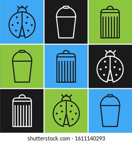 Set line Ladybug, Trash can and Bucket icon. Vector