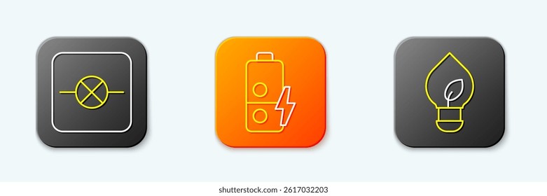 Set line Lamp in electronic circuit, Battery charge and Light bulb with leaf icon. Vector