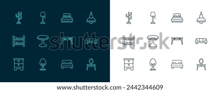 Set line Lamp hanging, Armchair, Office desk, Big bed, Round table, Coat stand and Floor lamp icon. Vector