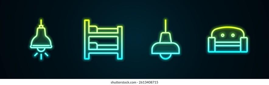 Set line Lamp hanging, Bunk bed,  and Armchair. Glowing neon icon. Vector
