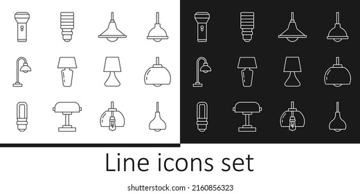 Set Line Lamp Hanging, Chandelier, Table Lamp, Floor, Flashlight,  And LED Bulb Icon. Vector