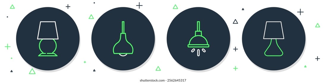 Set line Lamp hanging, Chandelier, Table lamp and  icon. Vector