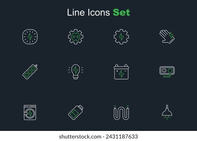 Set line Lamp hanging, Electric cable, Battery charge, Washer, Electrical outlet, Car battery, Creative lamp light idea and extension icon. Vector