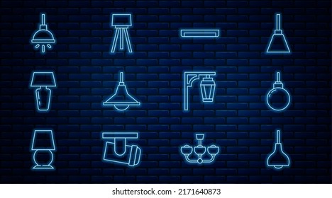 Set line Lamp hanging, Fluorescent lamp, Chandelier, Table, Vintage street light and Floor icon. Vector